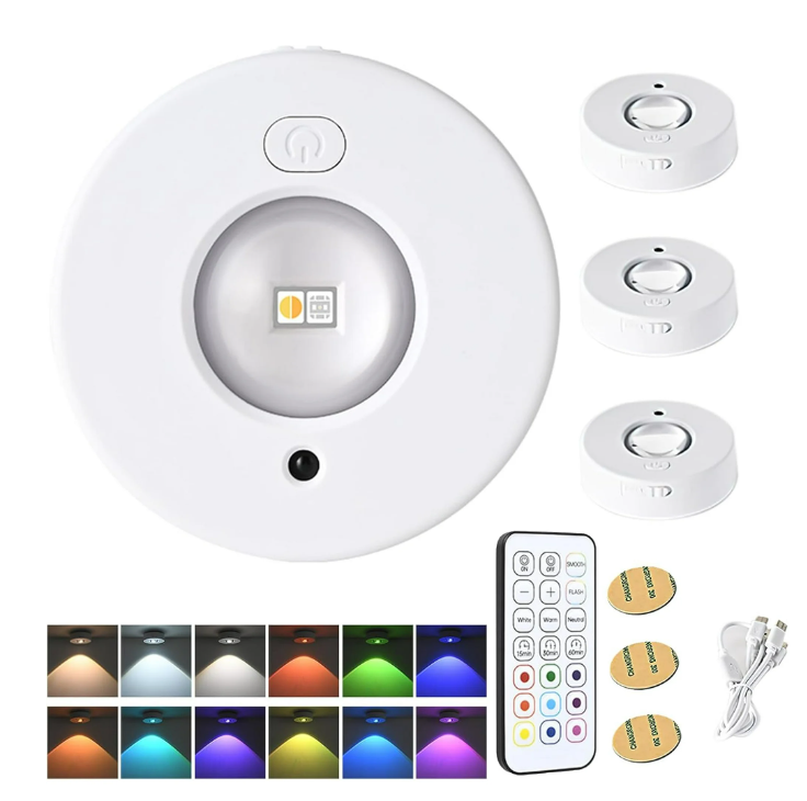 Rechargeable RGB Puck Lights with Remote Control, 500mAh Battery Operated Tap Lights, Dimmable Touch Under Cabinet Lighting, LED USB Shelf Light