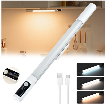 Rechargeable LED Closet Lights , 180° Rotatable Sensor,15in Adjustable Motion Sensor Under Cabinet Lighting with Digital Display, 1200mAh Battery Operated Under Counter Light