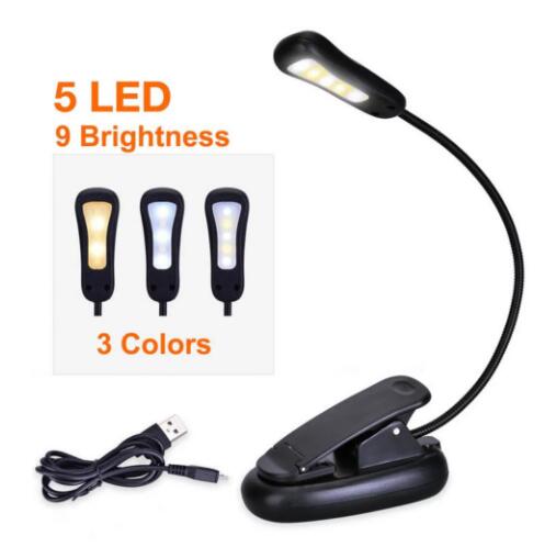 Kidsjoy Book Light, Rechargeable Reading Light 5 LED Easy Clip on Reading Lamp, 3 Color Temperature, Portable Task Lamp