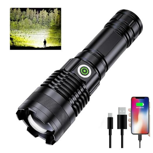 Super Bright LED Flashlights Rechargeable, 100000 Lumens XHP70 Tactical Flashlight, High Lumens 5 Modes Zoomable Waterproof Handheld Flashlights for Emergency Hiking Hunting Camping