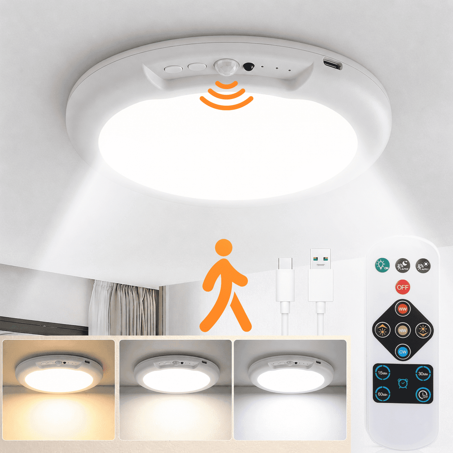 Rechargeable Ceiling Light with Motion Sensor and Remote 7.5 in , Wireless Magnetic LED Light, 3 Color Temps, 10-Level Dimming for Closet, Hallway and Storage Room