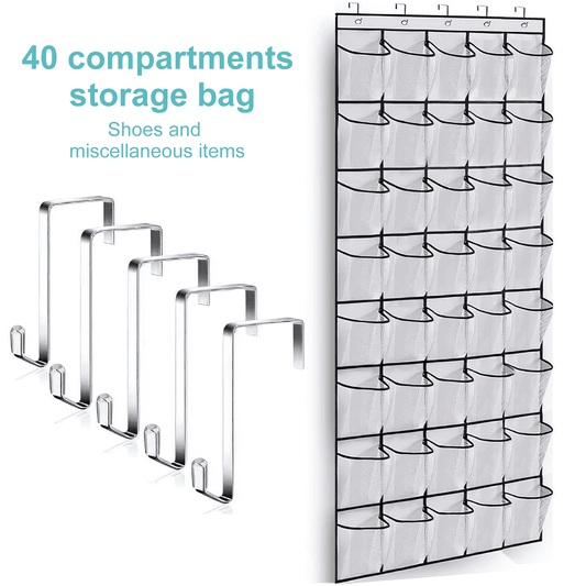 SPORTS JOY 40 Pockets Over the Door Shoe Organizer, Hanging Shoe Organizer for Door with 40 Mesh Pockets Large Capacity Shoe Hanging Storage Bag with 4 Metal Hooks (White)