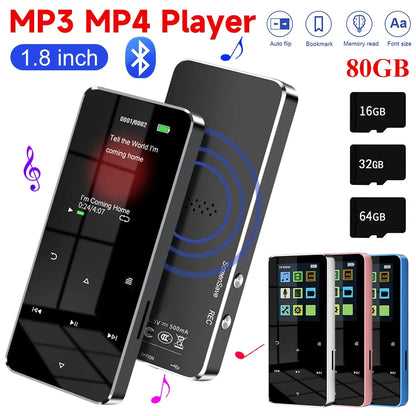 80G MP3 MP4 Player with Bluetooth 5.0 1.8 inch Screen Touch Button Portable Hi-Fi Lossless Music Player Speaker with FM Radio Recorder Alarm Clock Pedometer Wired Headphone Support Card (Black)