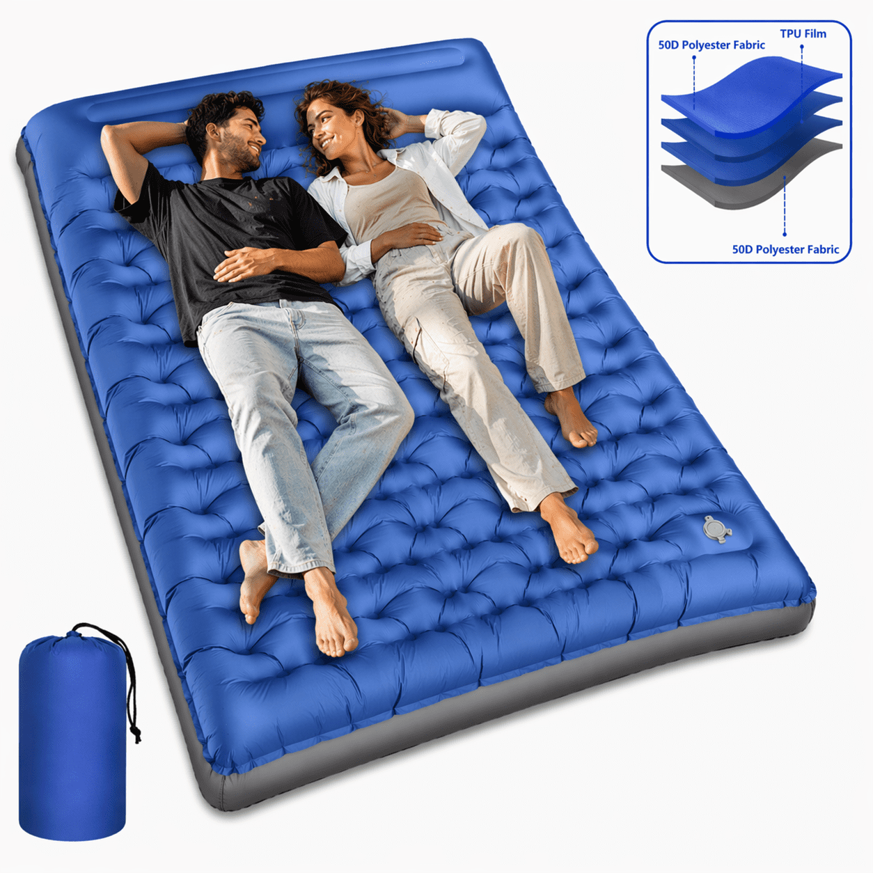 Double Camping Sleeping Pad, 6" Extra-Thick Reinforced Camping Sleeping Pad with Pillows & Built-in Foot Pump, Ultralight Self Inflating Air Mattress Mat for Tent Hiking Essentials Gear