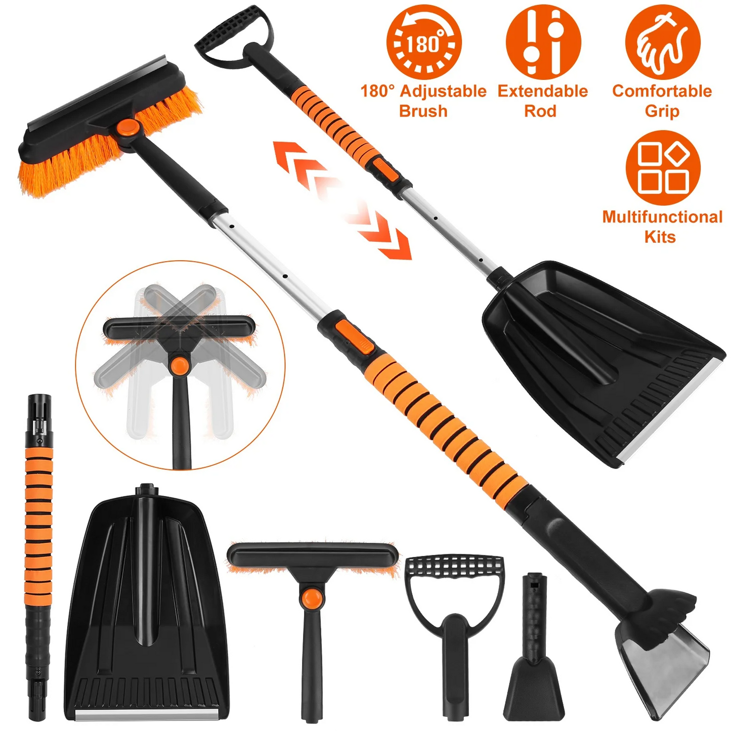 Ice Scraper and Extendable Snow Brush Emergency Snow Shovel for Car,31" - 40" Snow Brush with Squeegee,Snow Scraper with 180° Pivoting Brush Head and Foam Grip for Car Windshield,Truck,SUV