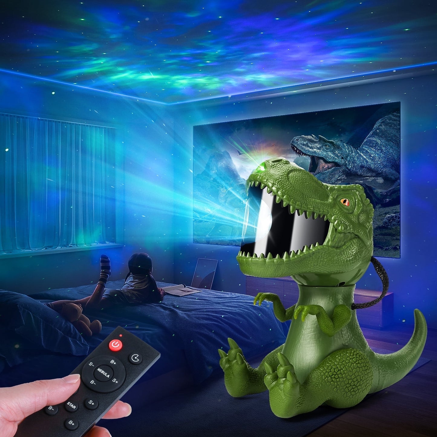 WHATOOK Dinosaur Space Projector, Starry Sky LED Light with Timer and Remote Control, Beautiful Decoration for Kids Room, Suitable for Christmas, Birthday, Valentine's Day Gift (Green)