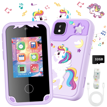 WHATOOK Kids Smart Phone for Boys with 32G Card , Christmas Birthday Gifts for Age 3-10 Kids Toys Cell Phone, 2.8" Touchscreen Toddler Learning Toy, Dual Lens, Music Player Purple