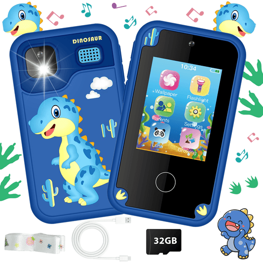WHATOOK Kids Smart Phone Toys, Touchscreen HD Dual Camera Cell Phone for Kids, Christmas Birthday Gifts Dinosaur Toddler Play Phone for Boys 3-10, Travel Toy Preschool Learning Toy for Kids Blue