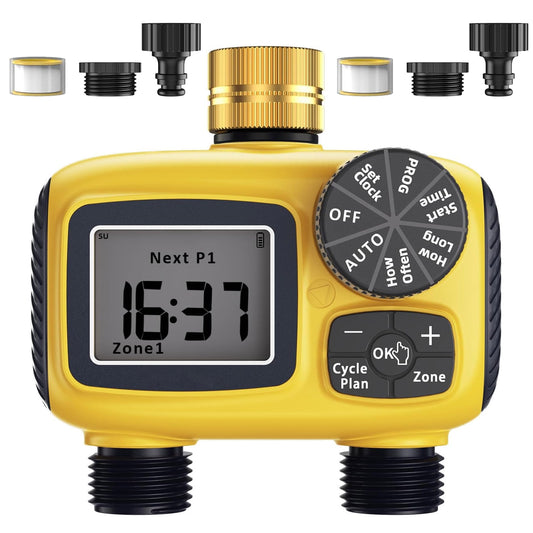 Water Timer for Garden Hose with Brass Swivel - 2 Zone Sprinkler Timer with Rain Delay/Manual Watering/Automatic Irrigation for Yard Lawn