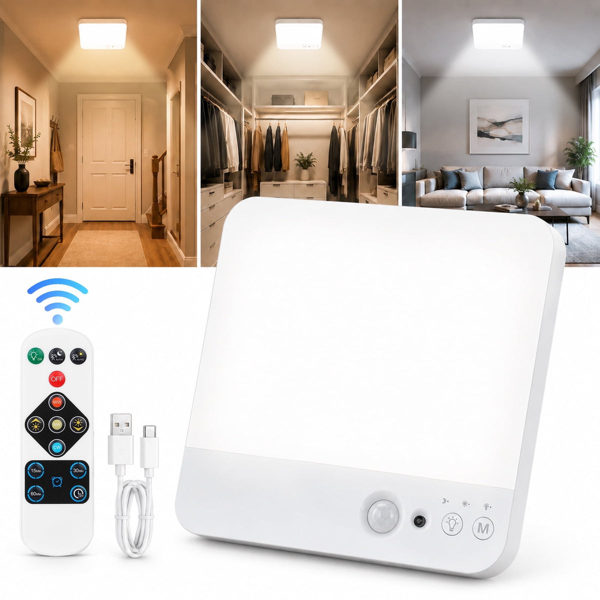 Merryhome Wireless Ceiling Light, Rechargeable Motion Sensor Ceiling Light with Remote, Magnetic Mount for Storage Room, Garage, Bathroom, Stairs, Doorway