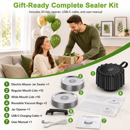 Electric Mason Jar Vacuum Sealer Kit, 1800mAh Rechargeable Mason Jar Sealer for Wide & Regular Mouth, 1-Button Food Saver Vacuum Sealer with 20 Lids & Bags