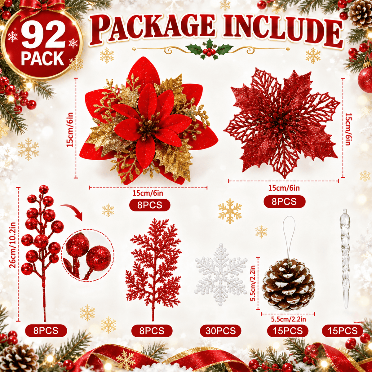 PUCACHI 92Pcs Christmas Tree Decorations Set with Poinsettia Christmas Flowers, Glitter Berry Stems, Snowflakes, Pine Cones and Icicle Drop Crystal Ornaments, Red