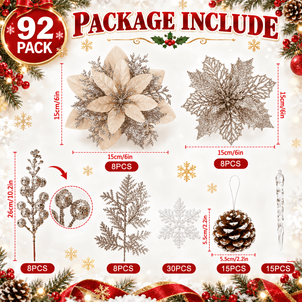 PUCACHI 92Pcs Christmas Tree Decorations Set with Poinsettia Christmas Flowers, Glitter Berry Stems, Snowflakes, Pine Cones and Icicle Drop Crystal Ornaments, Champagne