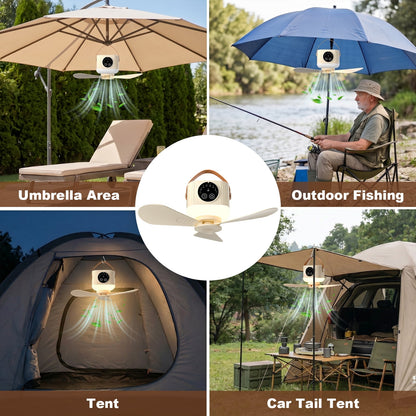 Camping Fan with Light, 7200mAh Rechargeable Fan with Remote, 4 Speed Timer LED Lantern for Camping Travel Emergency, Khaki