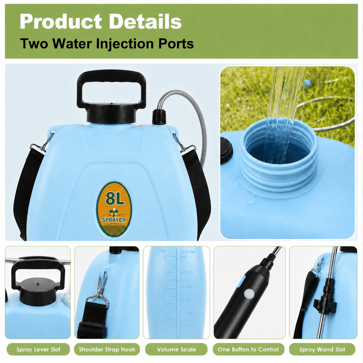 Merryhome Battery Powered Sprayer, 2.1 Gallon/8L Electric Sprayer with 3 Mist Nozzles, USB Rechargeable Handle, Retractable Wand & Adjustable Strap for Lawn, Garden, Yard and Weed Control