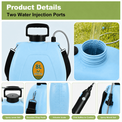 Merryhome Battery Powered Sprayer, 2.1 Gallon/8L Electric Sprayer with 3 Mist Nozzles, USB Rechargeable Handle, Retractable Wand & Adjustable Strap for Lawn, Garden, Yard and Weed Control