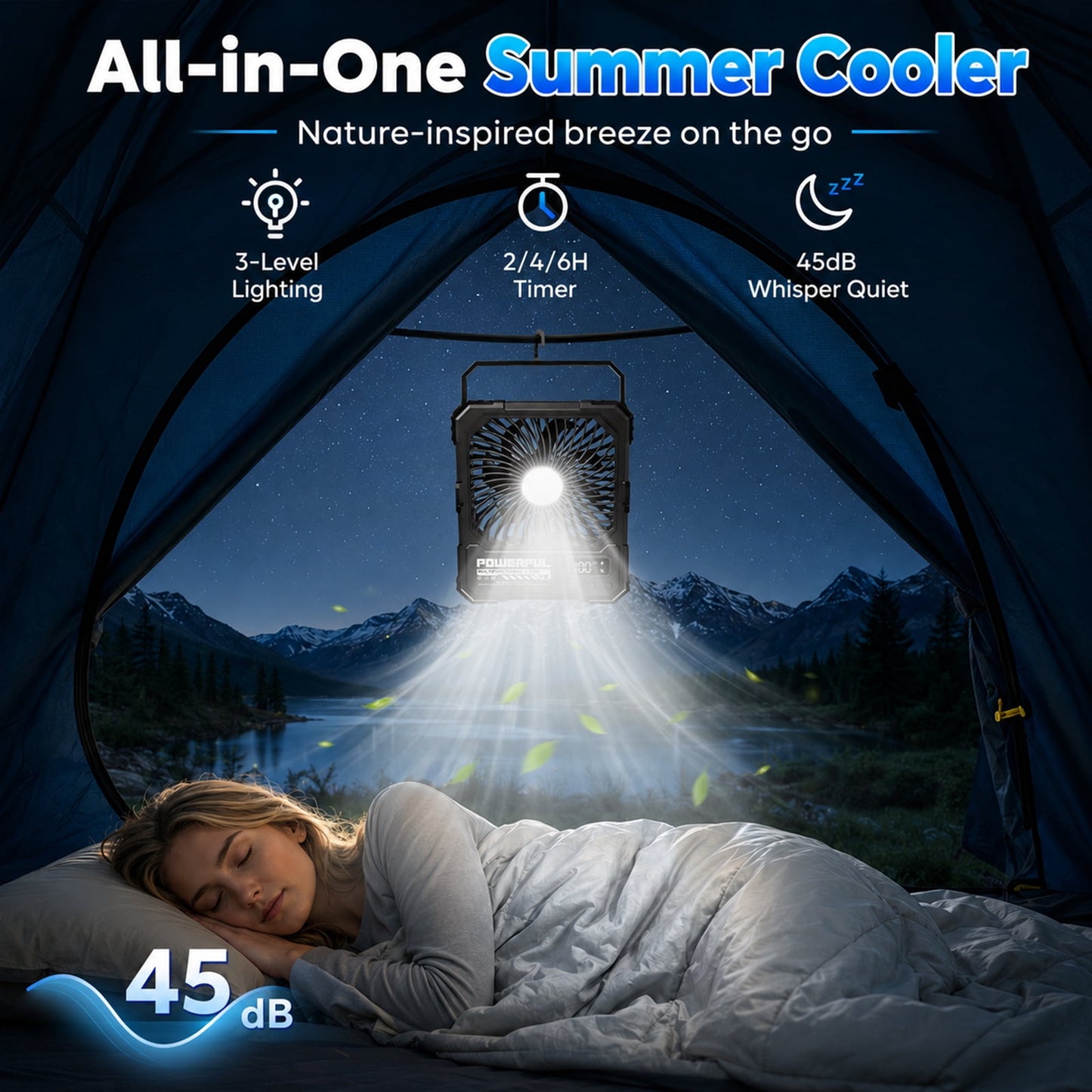 Portable Fan, Camping Fan, 20000mAh 18-85H Rechargeable Ultra Thin Foldable with Built-in Power Bank, Hook for Outdoor Camping Tent RV Travel (Black)