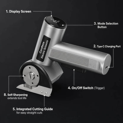 Teblint Cordless Electric Scissors, 5-Speed Adjustable LED Display, Rechargeable Cardboard Cutter Tool with 2 Blades, Rotary Cutter for Box Carpet Leather Fabric