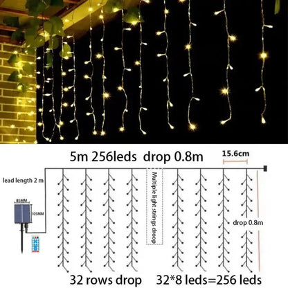 Merryhome Solar Waterfall Curtain Light, 256 Warm White LEDs Remote Control for Outdoor Garden, Patio, Courtyard & Xmas