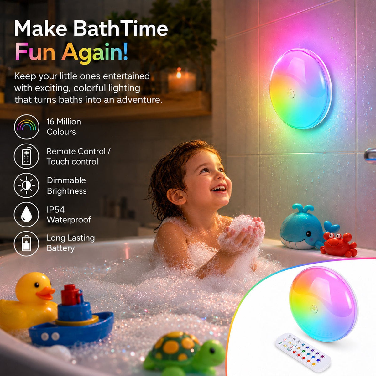 Henotian Rechargeable Shower Light, 10000mAh Wireless Ceiling Lamp, 300LM IP54 Water Resistant, 12 Rgb Colors, Remote and Touch Control, Magnetic Mount for Bathroom, Bedroom, Closet