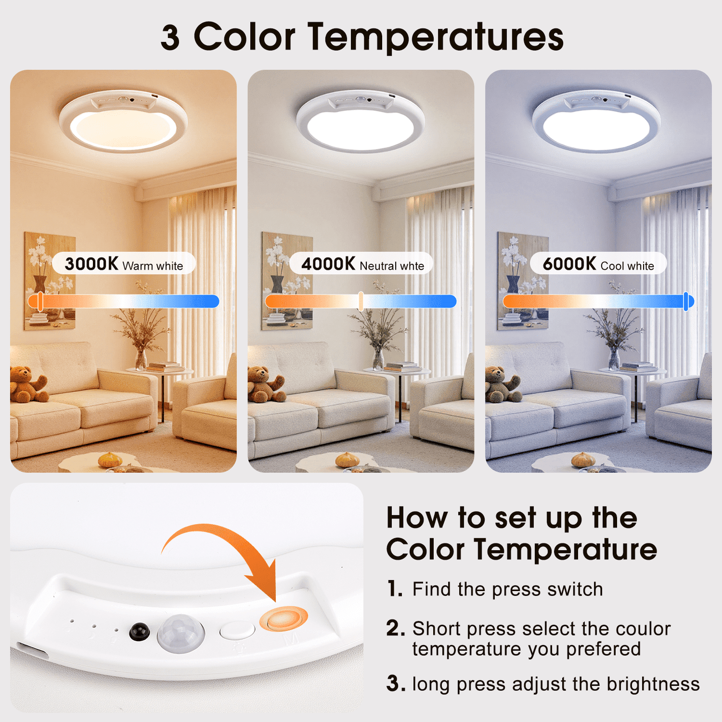 Rechargeable Ceiling Light with Motion Sensor and Remote 7.5 in , Wireless Magnetic LED Light, 3 Color Temps, 10-Level Dimming for Closet, Hallway and Storage Room