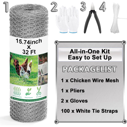Merryhome Chicken Wire Fence Mesh, 15.7"x32ft Galvanized Hexagonal Netting – 0.6mm Wire for Garden, Poultry, Rabbits, Crafts, DIY, with Gloves, Pliers & Zip Ties