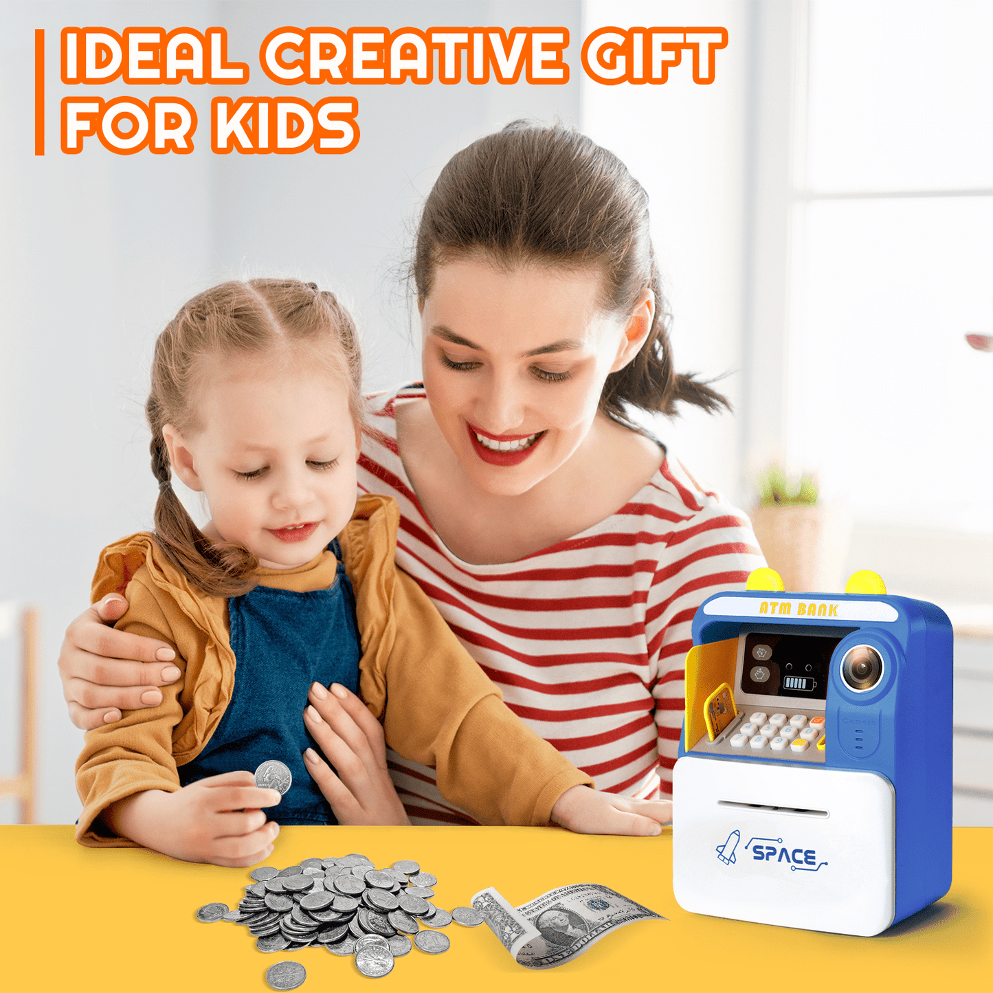 Kidsjoy Piggy Bank Toy, ATM Savings Bank Cashier Early Learning with Password Protection Money Bank Money Scroll Saving Box for Boys and Girls, Blue