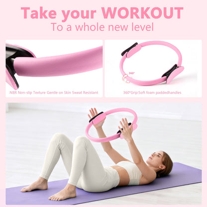 Merryhome 5‑in‑1 Pilates Ring Set – 15" Pilates Ring, 9.8" Mini Ball, 70" Stretch Strap, Resistance Band, NBR Material, Home Workout Kit for Women