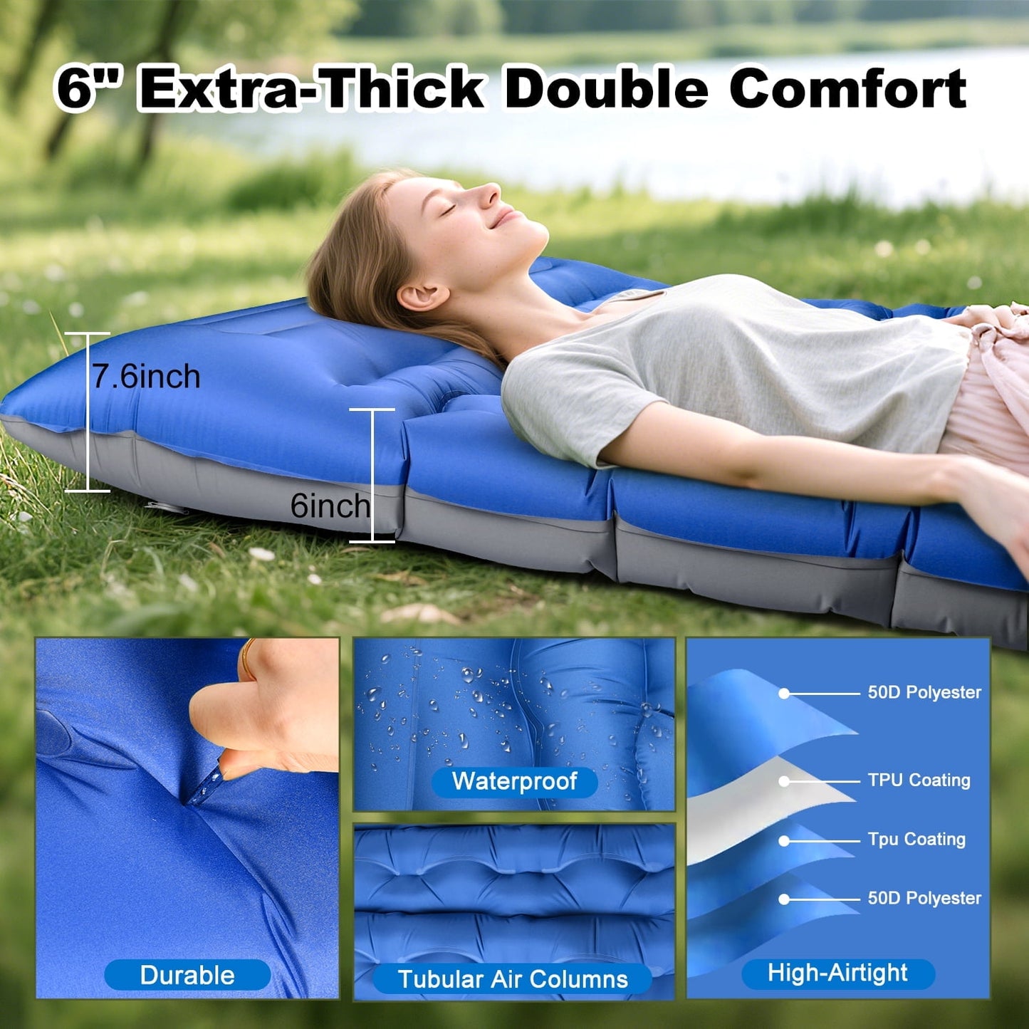 Double Camping Sleeping Pad, 6" Extra-Thick Reinforced Camping Sleeping Pad with Pillows & Built-in Foot Pump, Ultralight Self Inflating Air Mattress Mat for Tent Hiking Essentials Gear
