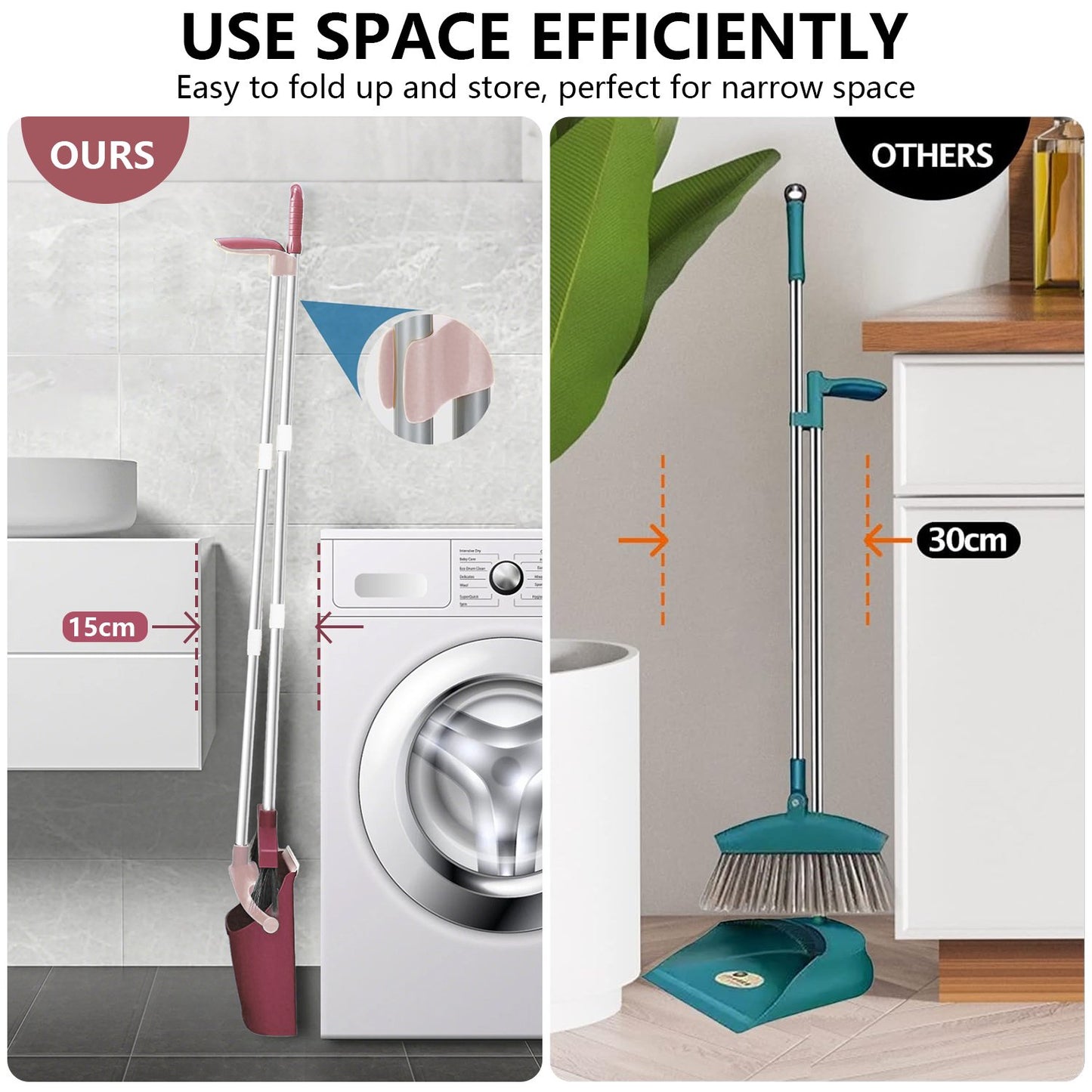 Broom and Dustpan Set with Self-Cleaning Teeth, Adjustable 51.2-inch Handle, Upright Dustpan, Durable Bristles – Purple Cleaning Kit for Home, Kitchen, Office & Pet Hair