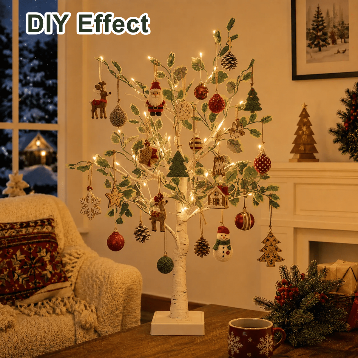 PUCACHI 2FT Birch Tree with LED Lights, Faux Tabletop Christmas Decor with 24 Warm White LEDs, Timer USB or Battery Powered, Bendable Branches for Indoor Tabletop Christmas Decor