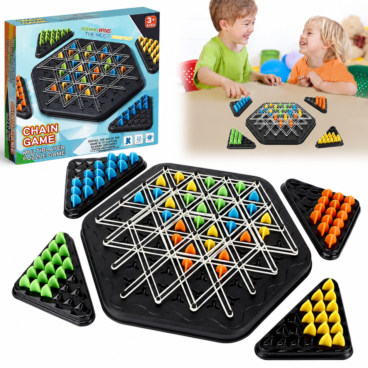 Chain Triangle Chess Game, Triggle Board Game with Rubber Band, Strategy Board Games for Family Night, Family Games for Kids & Adults, Interactive Toy for Kids Ages 3+, 2 to 4 Players