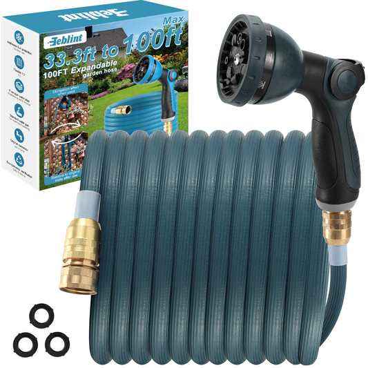 Teblint Expandable Garden Hose 100ft, 2025 New 3X Expandable Hose, Retractable Flexible Water Hose, 10 Pattern Spray Nozzle, Leakproof 3/4" Solid Brass Fittings, Lightweight & No-Kink(Green)