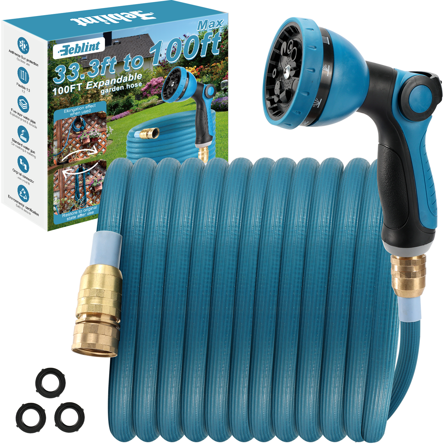 Teblint Expandable Garden Hose 100ft, 2025 New 3X Expandable Hose, Retractable Flexible Water Hose, 10 Pattern Spray Nozzle, Leakproof 3/4" Solid Brass Fittings, Lightweight & No-Kink(Blue)