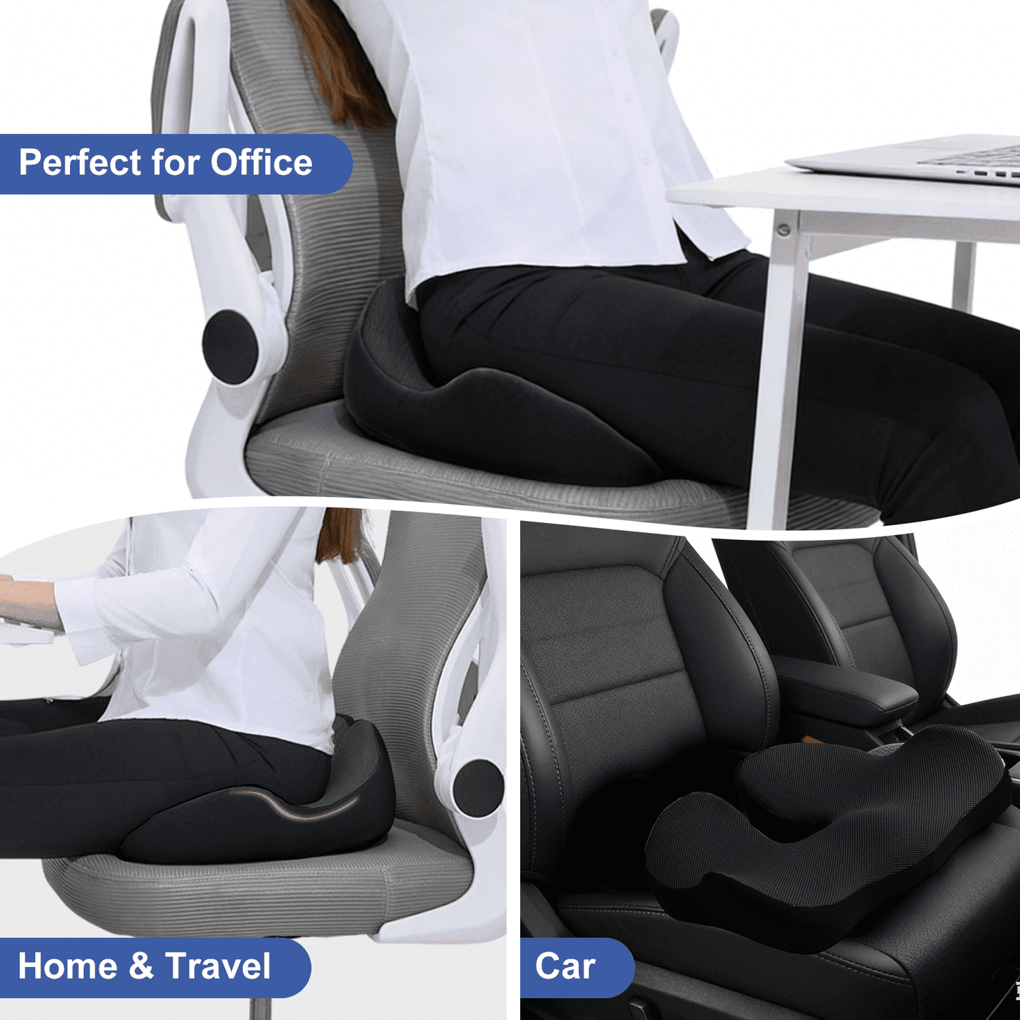 Henotian Memory Foam Seat Cushion for Office Chair, Extra-Thick Ergonomic Chair Cushion for Tailbone, Sciatica & Back Pain Relief, Non-Slip Car Seat Pillow Black