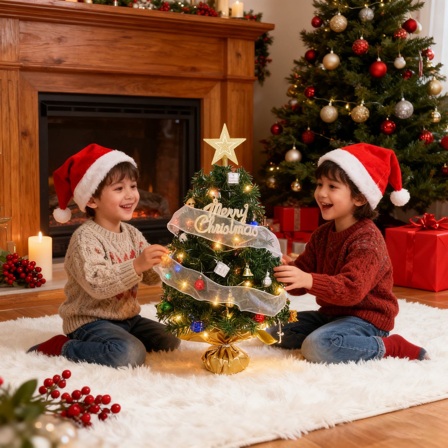 Mini Tabletop Christmas Tree Kit with LED Lights, Ornaments, Gift Boxes & Star Topper – Battery Operated Holiday Decor for Home & Office