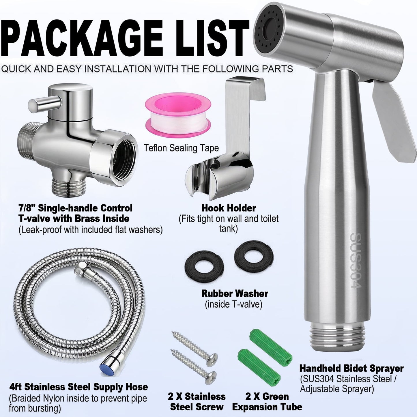 Merryhome Handheld Bidet Sprayer for Toilet, Stainless Steel Bidet Attachment with Adjustable Pressure, Cloth Diaper Sprayer and Feminine Wash