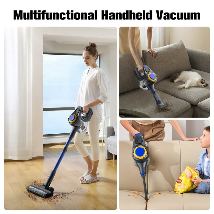 Cordless Vacuum Cleaner, 50mins Runtime, Powerful Stick Vacuum 6*2600mah Rechargeable Cordless Vacuum for Carpet, Tile, Pet Hair, Hardwood Floors, Blue