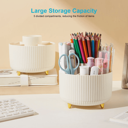 Pen Holder with 5 Slots,Makeup Brush Holder Organizer,360 Degree Rotating Pencil Holder for Desk Organizer,Office Supplies,Home（Beige）