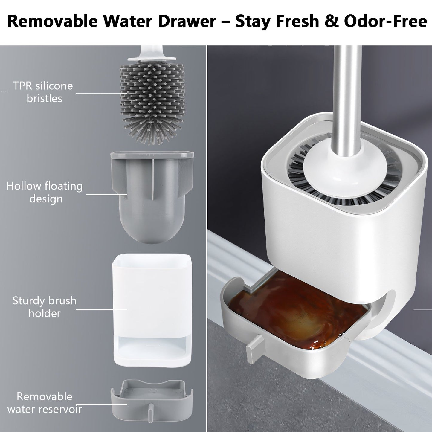 Toilet Brush with Wall Mount and Water Drawer – Long Handle Silicone Cleaner for Quick Dry Bathroom Cleaning