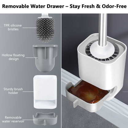 Toilet Brush with Wall Mount and Water Drawer – Long Handle Silicone Cleaner for Quick Dry Bathroom Cleaning