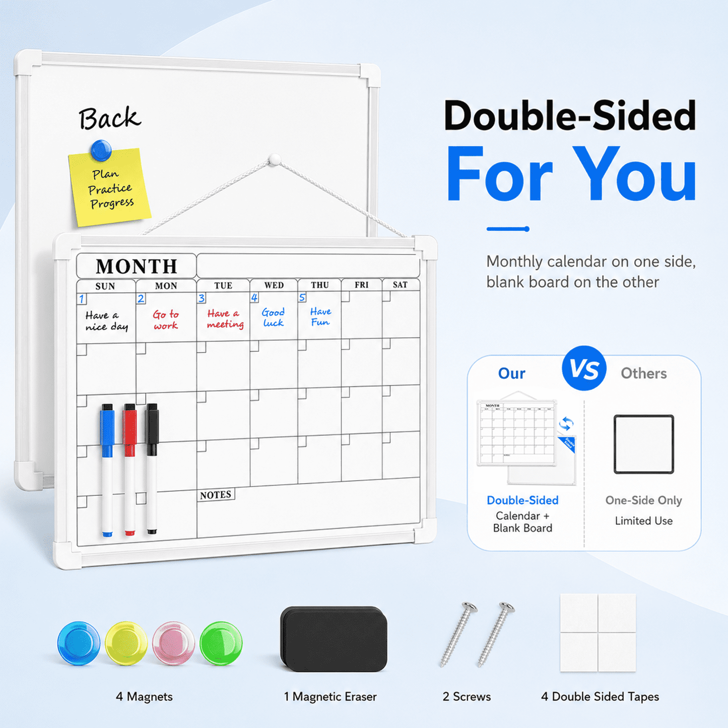 PUCACHI Monthly Calendar Whiteboard, 16 x 12 in Magnetic Dry Erase Calendar Board with Double-Sided Design, Markers and Magnets for Wall Home Office Kitchen School