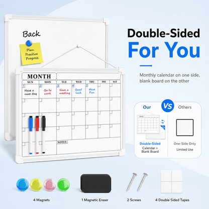 PUCACHI Monthly Calendar Whiteboard, 16 x 12 in Magnetic Dry Erase Calendar Board with Double-Sided Design, Markers and Magnets for Wall Home Office Kitchen School