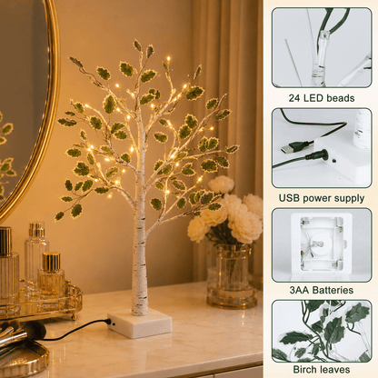 PUCACHI 2FT Birch Tree with LED Lights, Faux Tabletop Christmas Decor with 24 Warm White LEDs, Timer USB or Battery Powered, Bendable Branches for Indoor Tabletop Christmas Decor