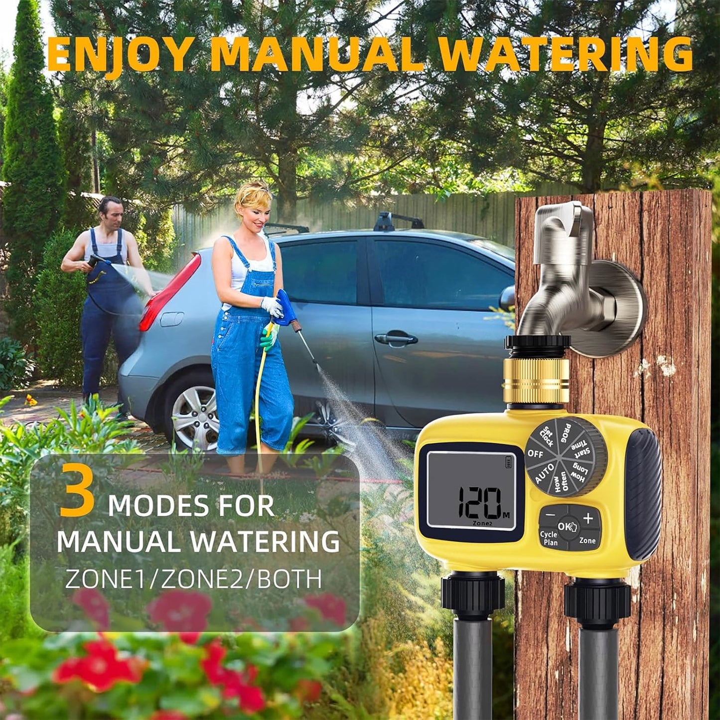 Water Timer for Garden Hose with Brass Swivel - 2 Zone Sprinkler Timer with Rain Delay/Manual Watering/Automatic Irrigation for Yard Lawn