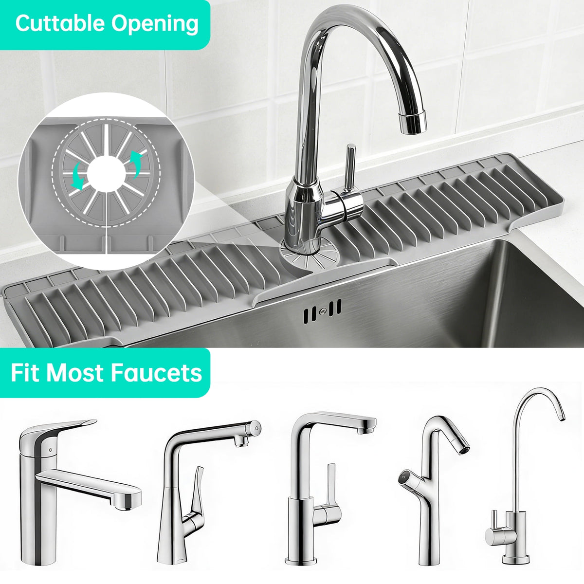 Merryhome 2-Pack Kitchen Sink Splash Guard, 31" and 23" Silicone Faucet Mat, Fast Draining Splash Guard for Kitchen, Bathroom, RV, Gray