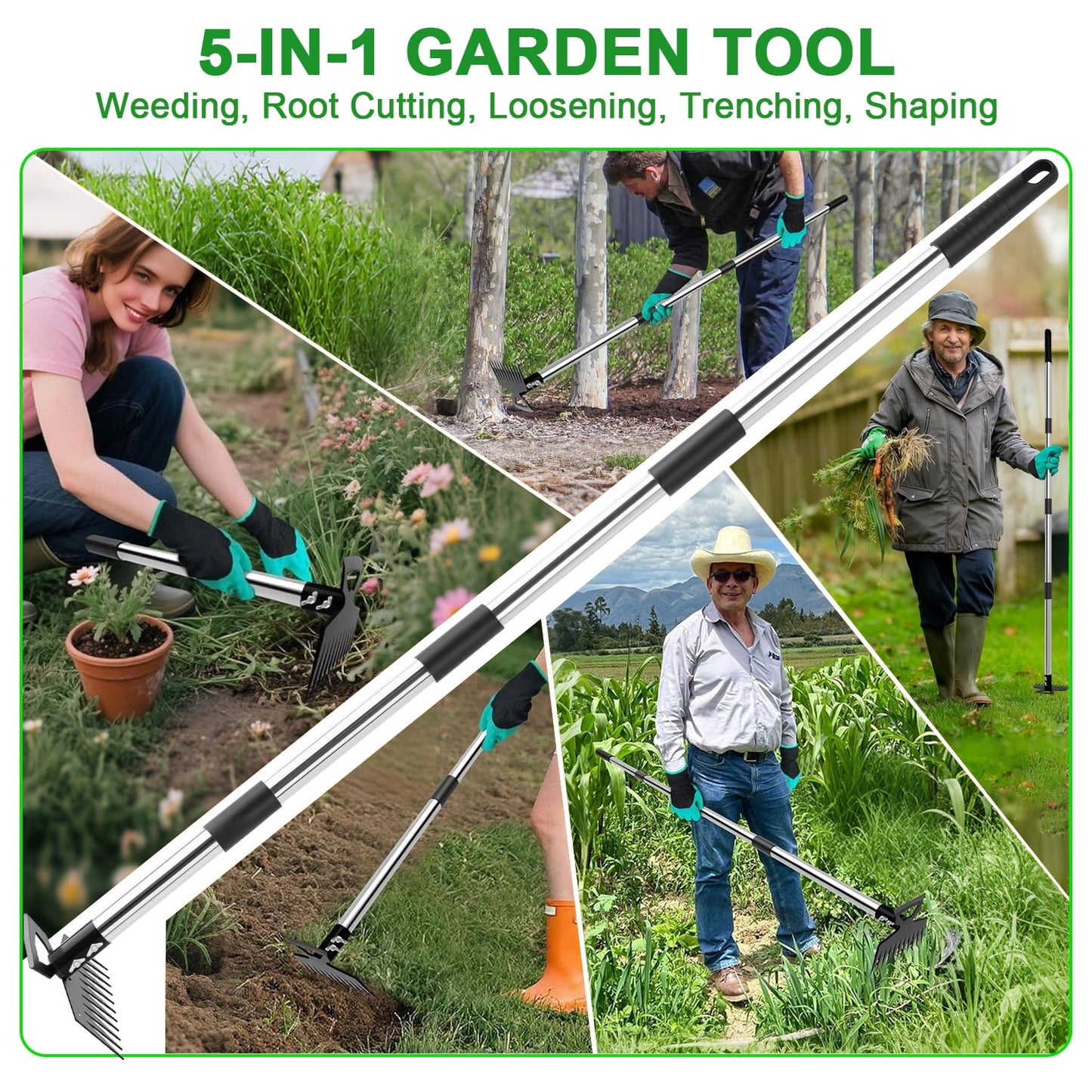 Merryhome 60″ Long‑Handle Weed Puller Tool – 11‑Teeth Steel Head Garden Weeding Tool & Lawn Dandelion Remover for Yard, Patio, Outdoor Use