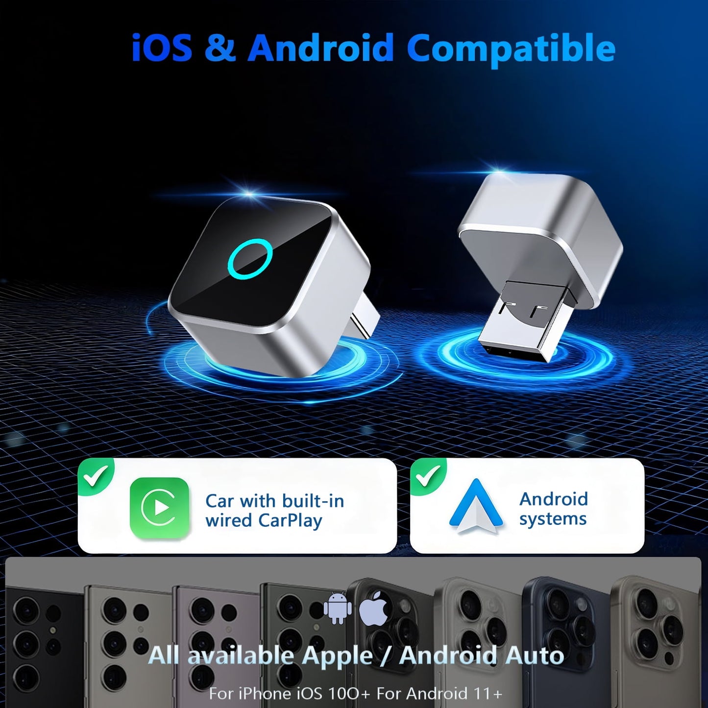 Wireless CarPlay Adapter, 2-in-1 Apple CarPlay and Android Auto Adapter, Convert Wired to Wireless, Plug and Play for iOS 10+ & Android 10+, Black