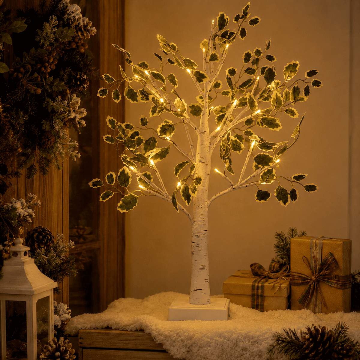 PUCACHI 2FT Birch Tree with LED Lights, Faux Tabletop Christmas Decor with 24 Warm White LEDs, Timer USB or Battery Powered, Bendable Branches for Indoor Tabletop Christmas Decor