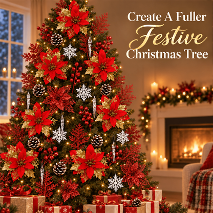 PUCACHI 92Pcs Christmas Tree Decorations Set with Poinsettia Christmas Flowers, Glitter Berry Stems, Snowflakes, Pine Cones and Icicle Drop Crystal Ornaments, Red